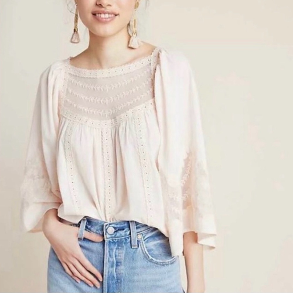 Anthropologie Pale Pink Lace-Inset Peasant Blouse
